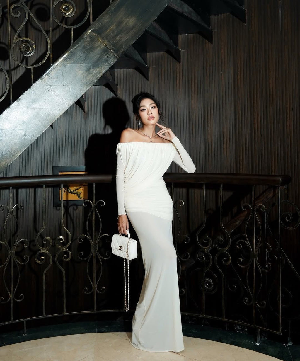 Cara Off-Shoulder Long Sleeve Pleated Mesh Maxi Dress in White Avalabel