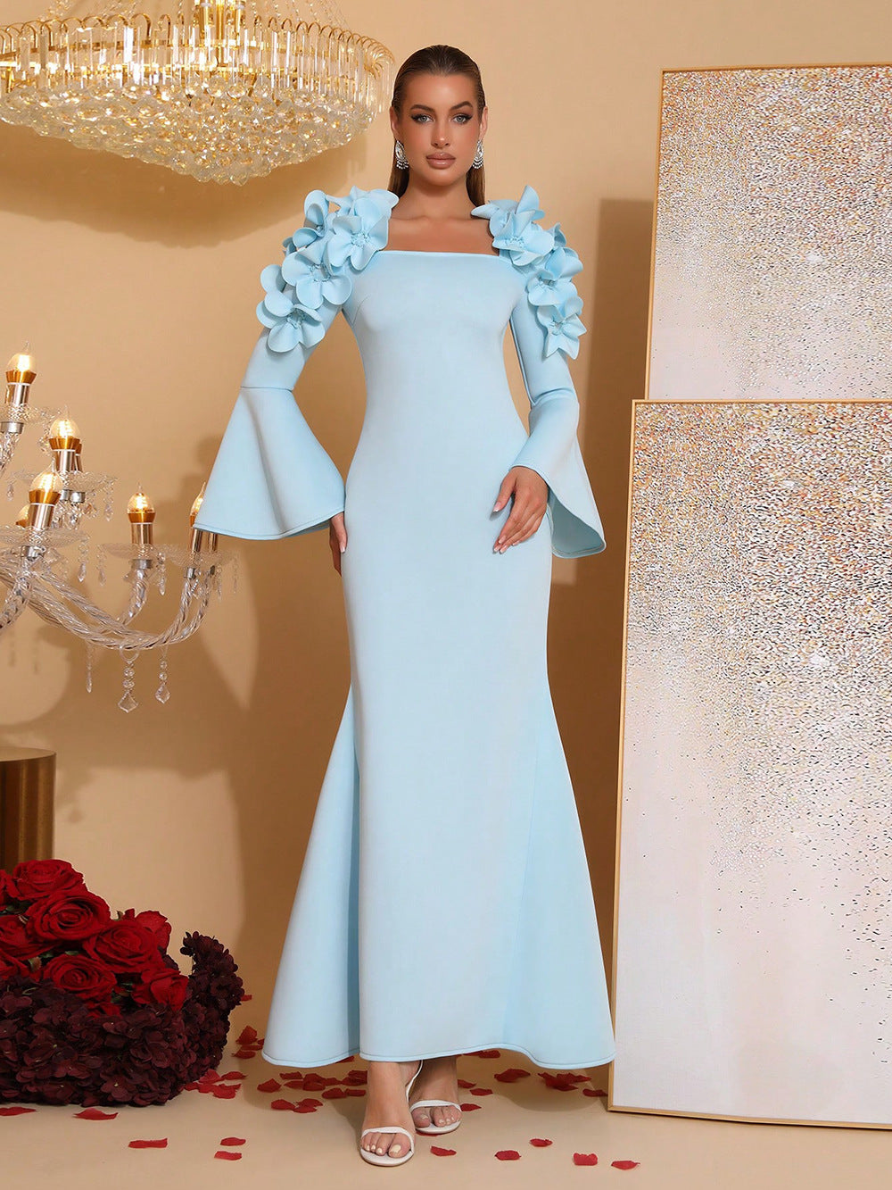 Cynthia 3D Flower Long Sleeve Bodycon Maxi Dress in Blue Avalabel