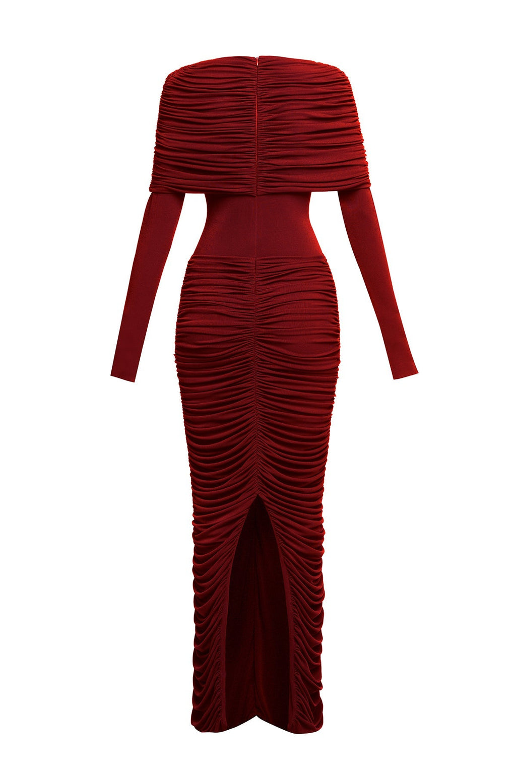 alice red pleated Form-fitting maxi dress with asymmetrical draped shoulder Avalabel