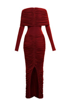 alice red pleated Form-fitting maxi dress with asymmetrical draped shoulder Avalabel