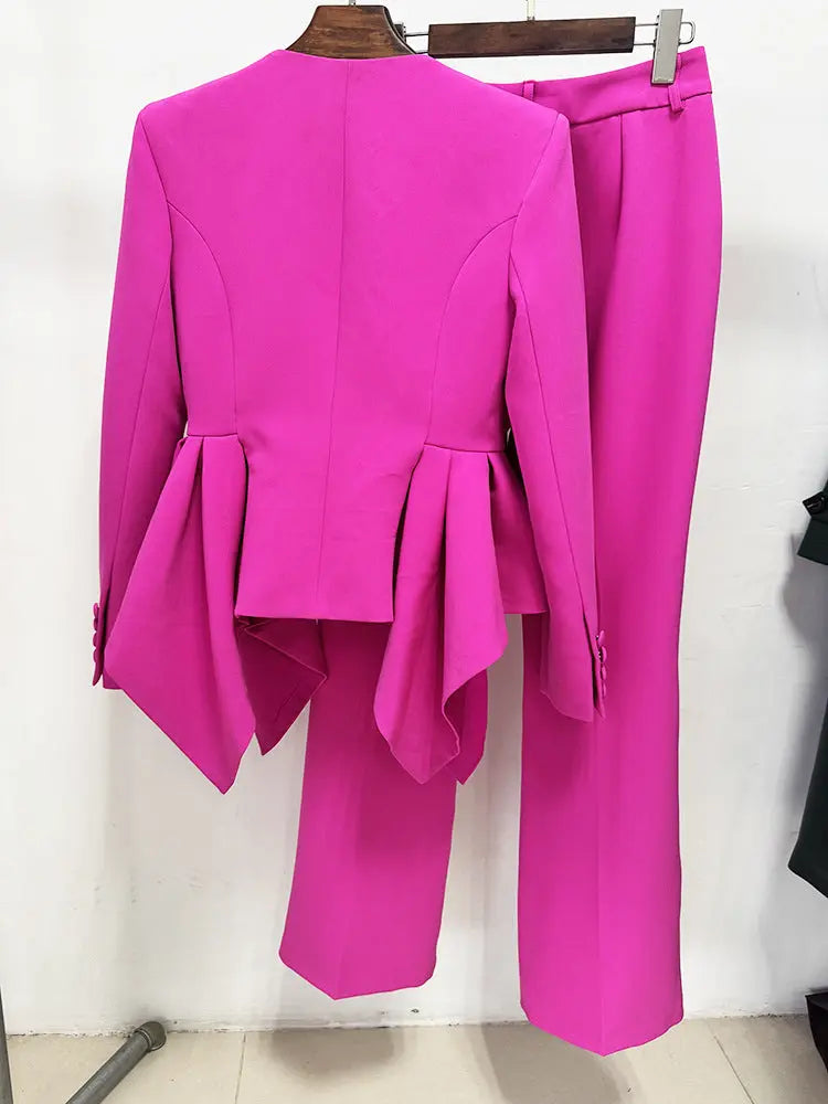 Audith Ruffled Blazer Two Piece Set - Pink Avalabel