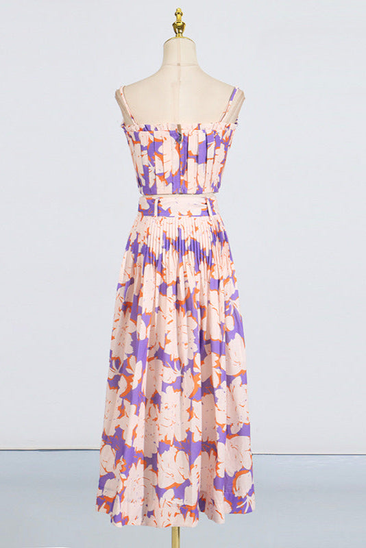 Pleated Floral-Print Linen Bustier Top Skirt Set in Blue Avalabel
