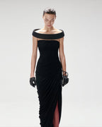 Lola Black Off-shoulder Asymmetrical-Draped High Slit Maxi Dress Avalabel