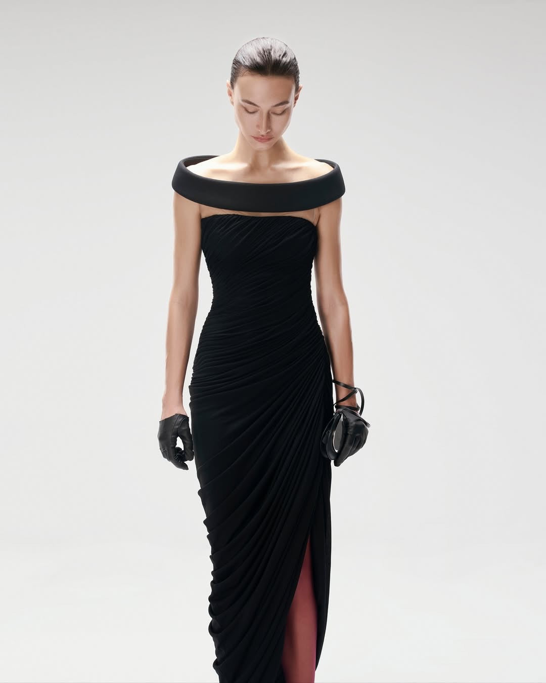 Lola Black Off-shoulder Asymmetrical-Draped High Slit Maxi Dress Avalabel
