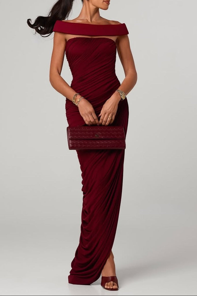 Lola Burgundy Off-Shoulder Asymmetrical-Draped High Slit Maxi Dress Avalabel