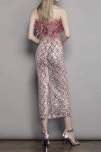 audrey pink feather top sequin Midi Skirt set Avalabel