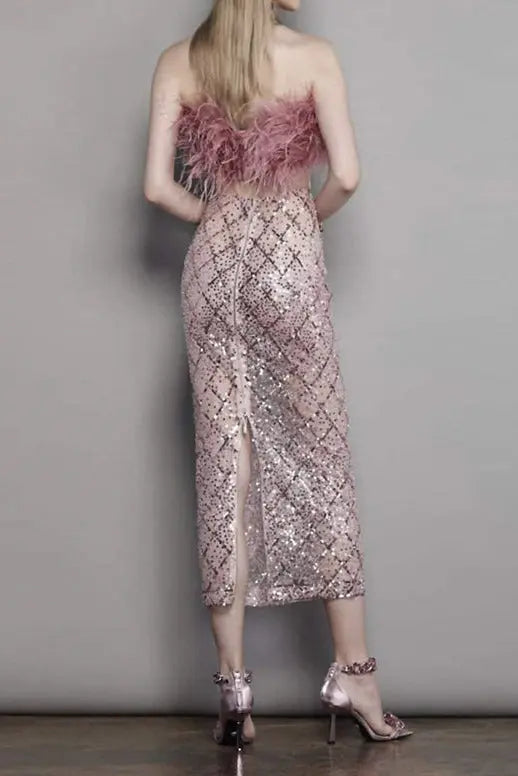 audrey pink feather top sequin Midi Skirt set Avalabel