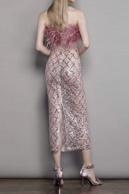 audrey pink feather top sequin Midi Skirt set