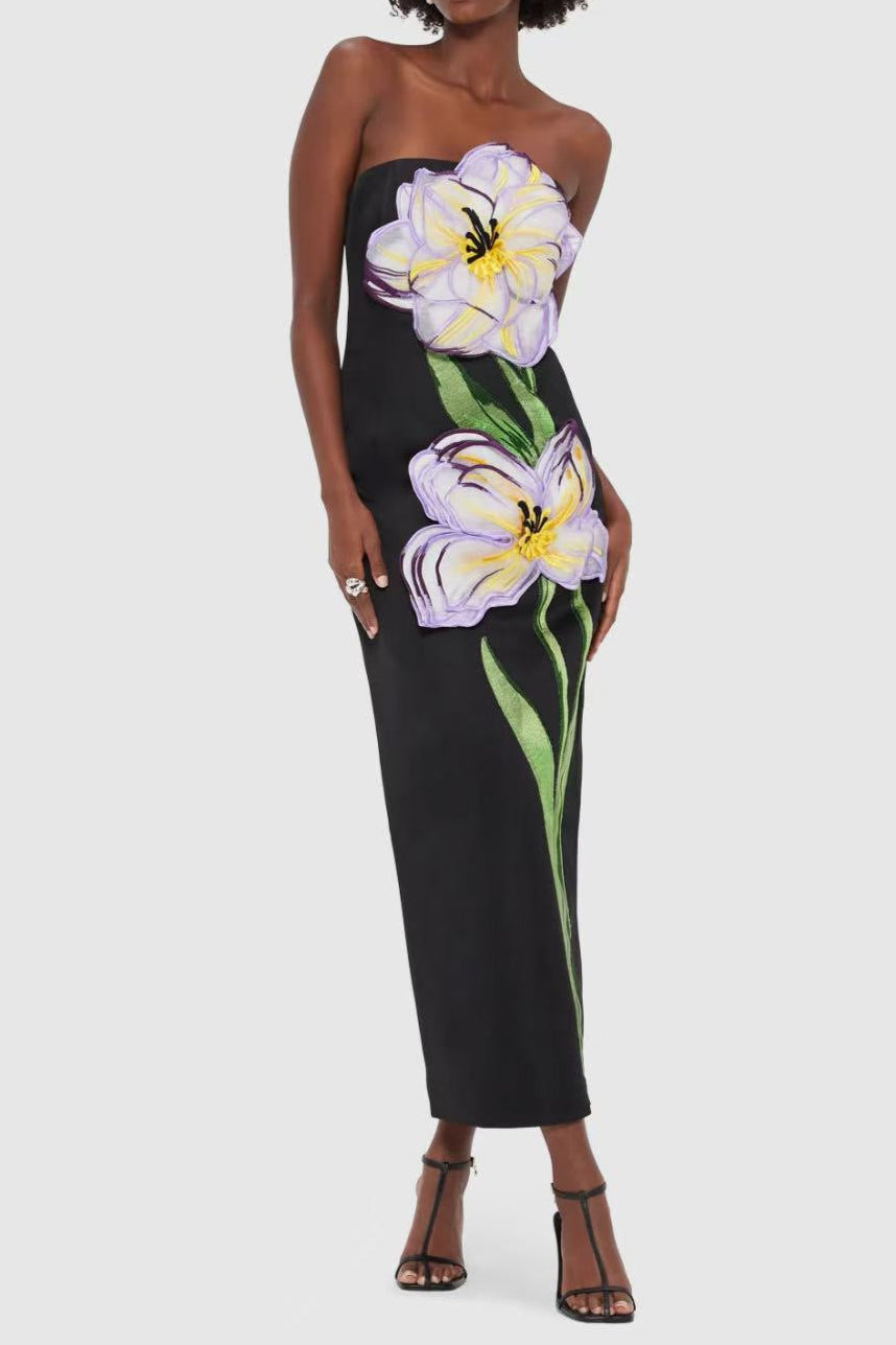 Suzanne Appliqué Floral Bustier Maxi Dress in Black Avalabel