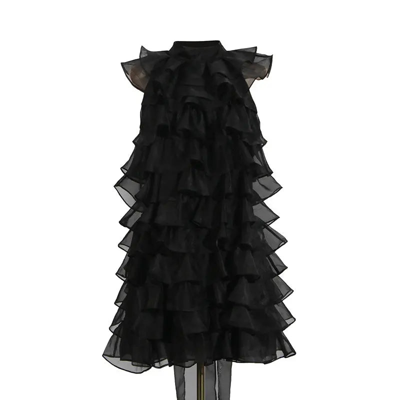 poppy Ruffle Silk Organza sleeveless Mini Dress in black Avalabel