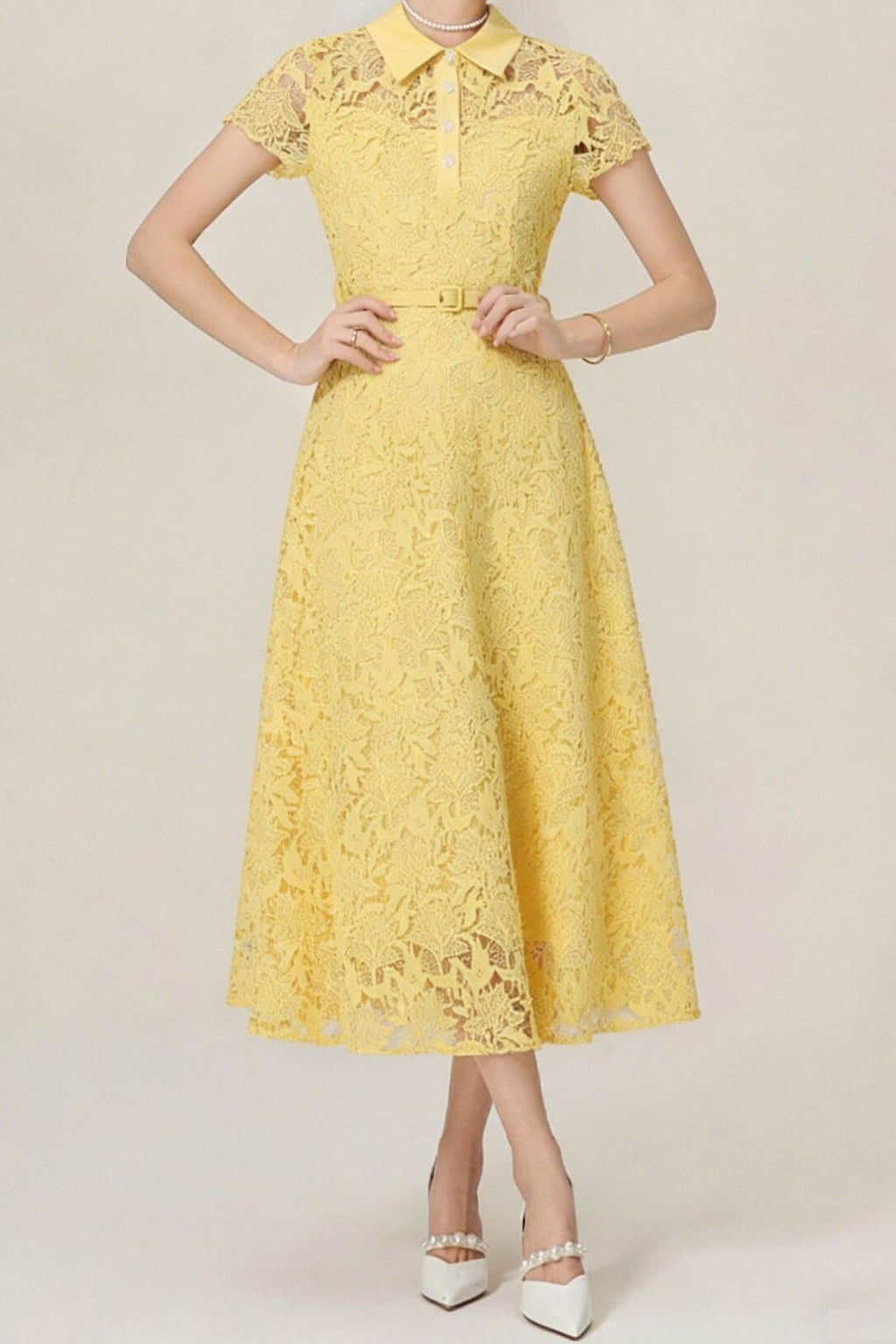Lace Collared Belted Midi Dress Avalabel