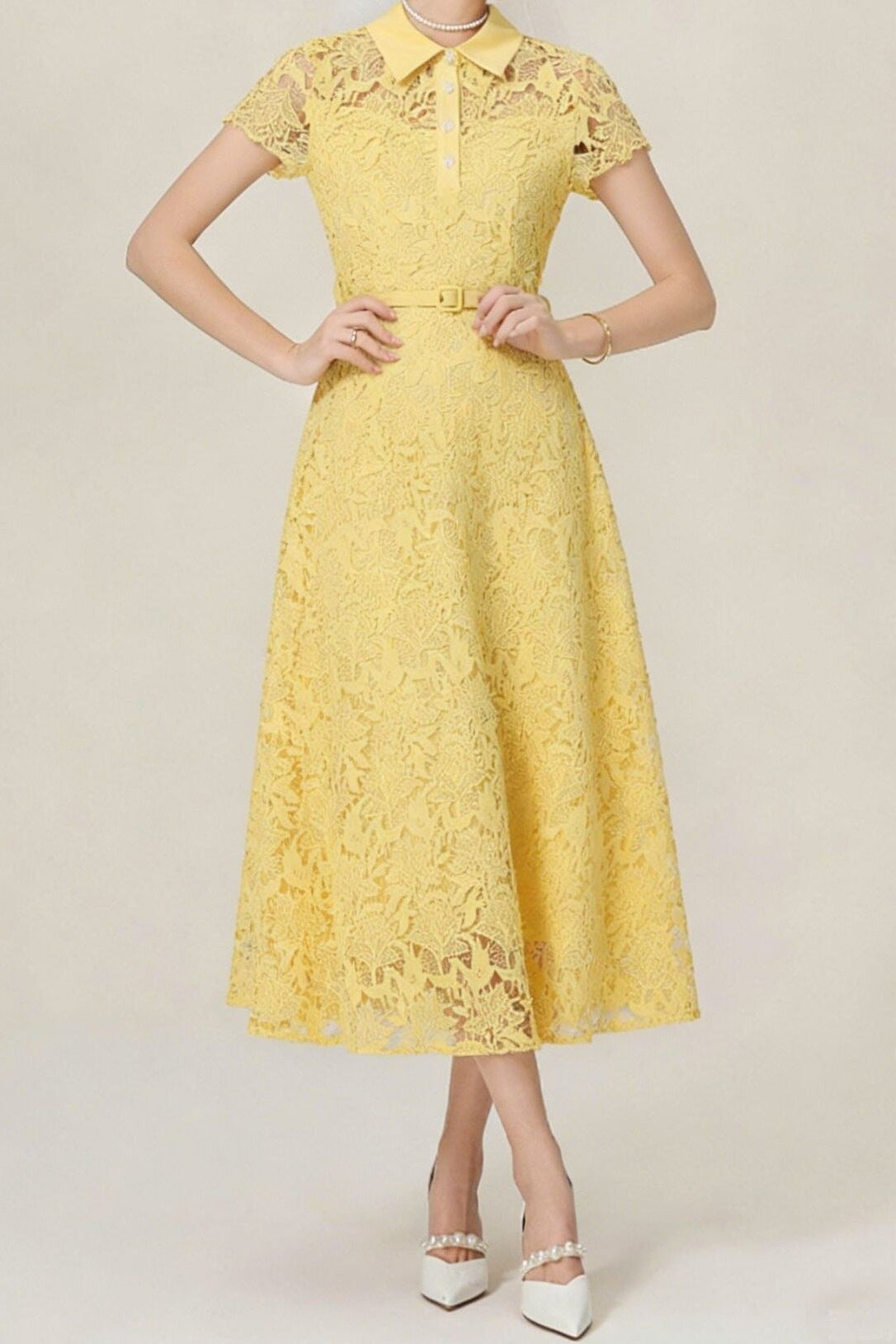 Lace Collared Belted Midi Dress Avalabel