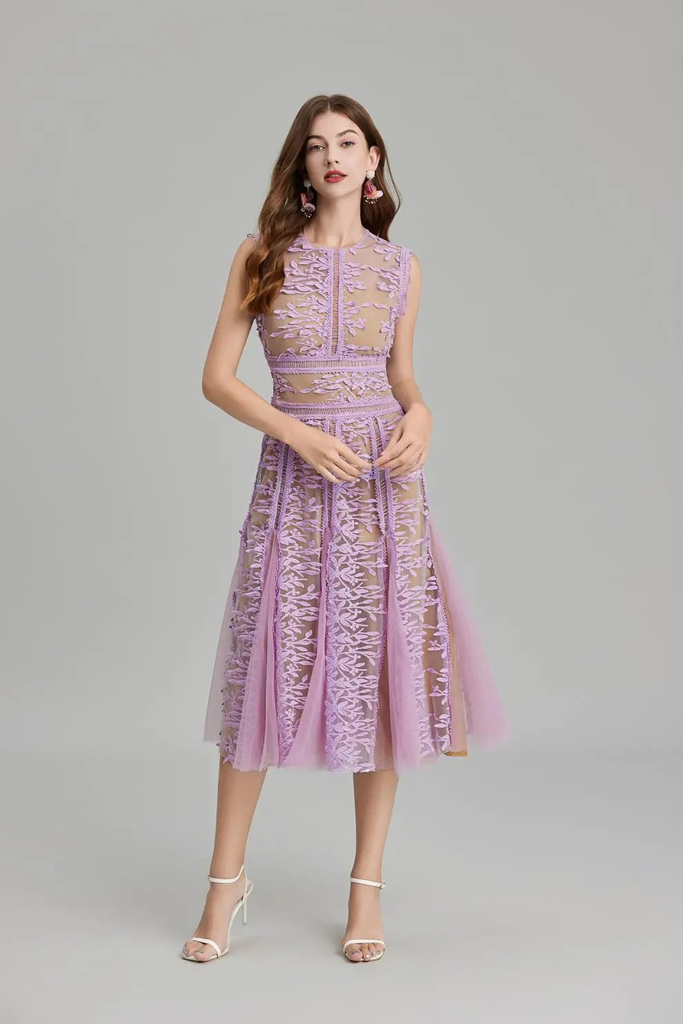 Phoenix 3D Embroidered Lace Mesh Midi Dress in Purple Avalabel