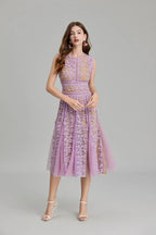 Phoenix 3D Embroidered Lace Mesh Midi Dress in Purple Avalabel