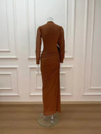 liz High Neck Asymmetric Drape ruched Maxi Dress in brown Avalabel