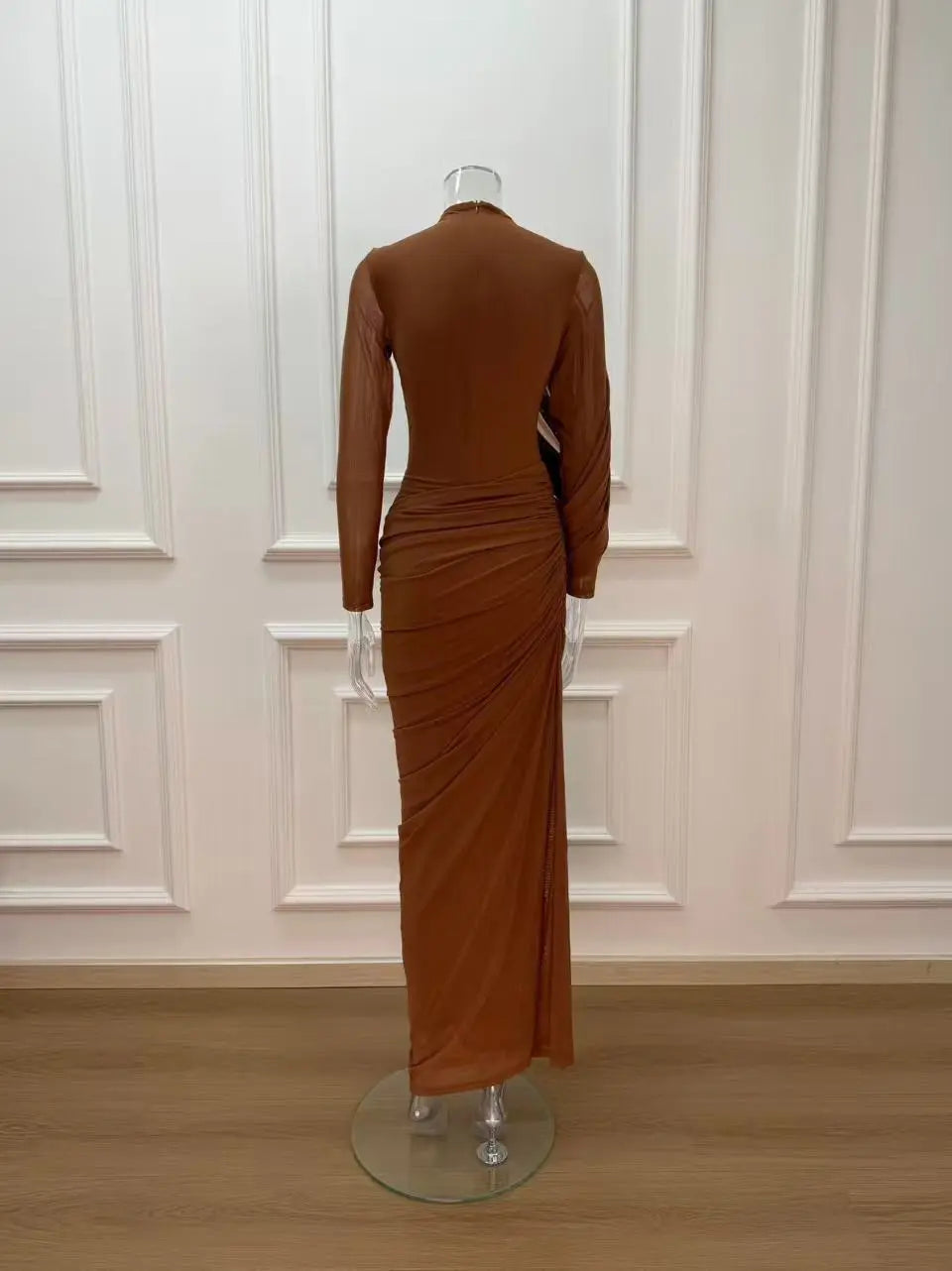 liz High Neck Asymmetric Drape ruched Maxi Dress in brown Avalabel
