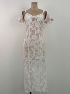 Phoenix Floral Applique Hollow Lace Midi Dress - White Avalabel