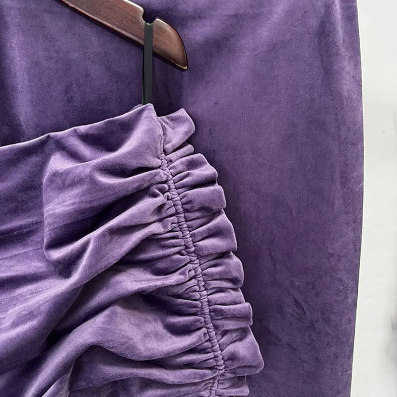 purple Asymmetrical cropped top velvet skirt two-piece set Avalabel