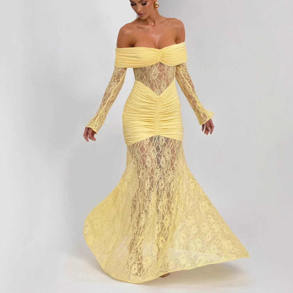 Lace-Trimmed Flared Sleeve Fishtail Maxi Skirt Avalabel