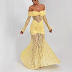 Lace-Trimmed Flared Sleeve Fishtail Maxi Skirt Avalabel
