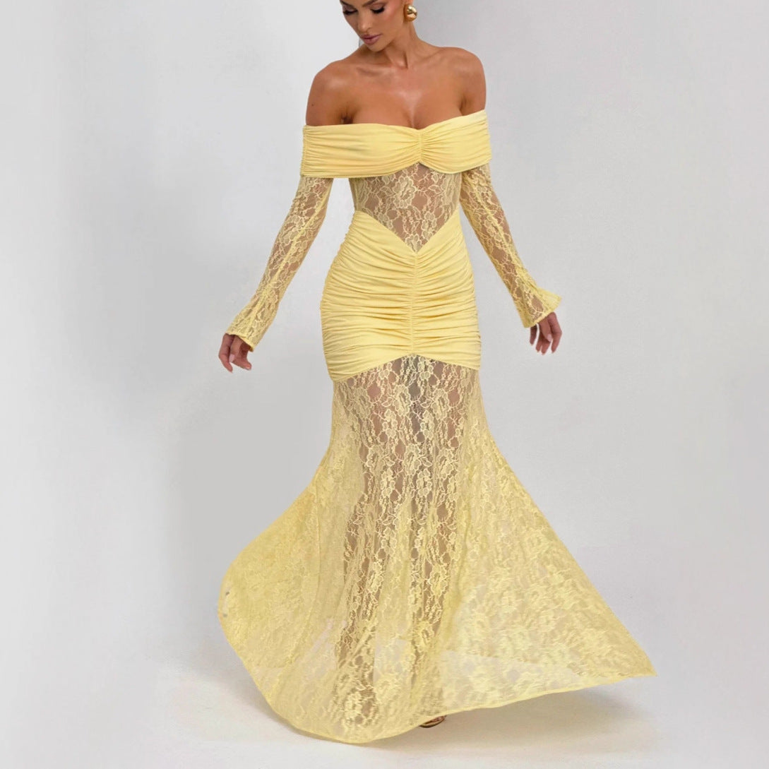 Lace-Trimmed Flared Sleeve Fishtail Maxi Skirt Avalabel