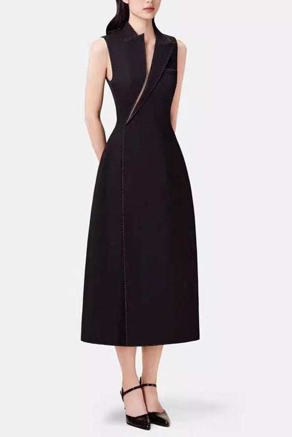 Asymmetric Collar Blazer Midi Dress in Black Avalabel