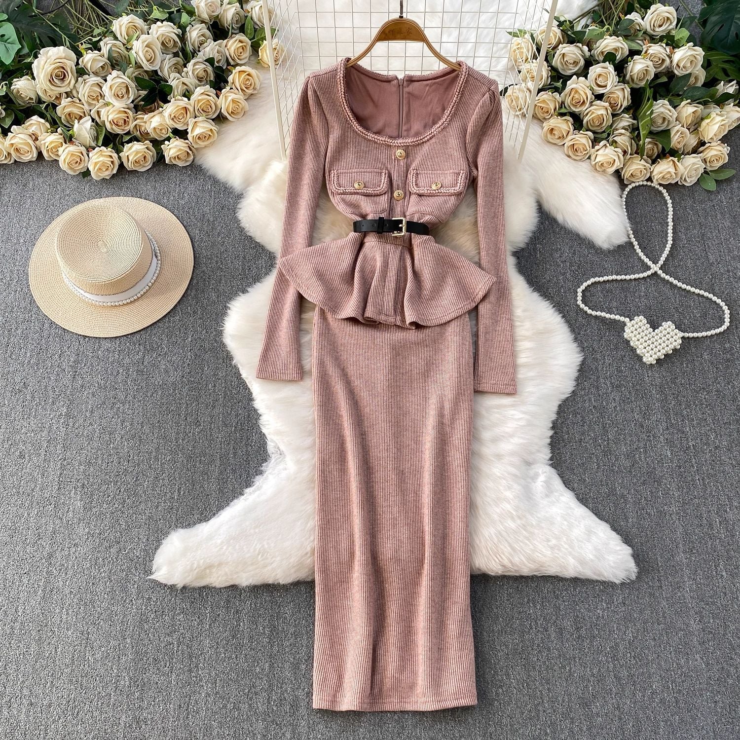 kitty U Neck Long Sleeve Falbala Knit Midi Dress in pink Avalabel