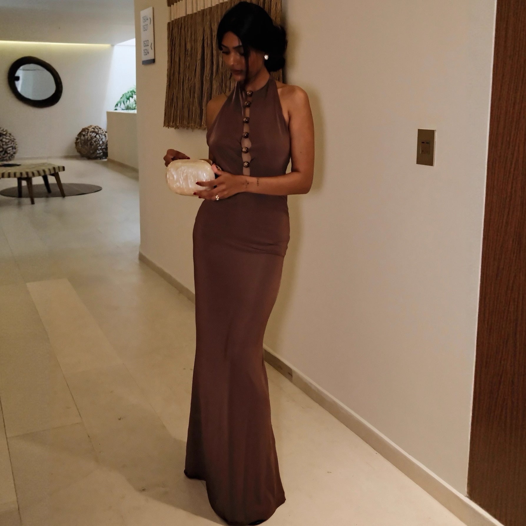 Brown Halterneck Open Back Maxi Dress Avalabel