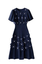 katherine 3d flower appliqué midi dress in navy blue Avalabel