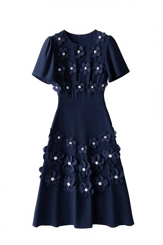 katherine 3d flower appliqué midi dress in navy blue Avalabel