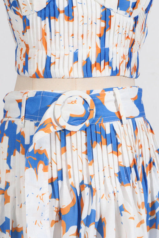 Pleated Floral-Print Linen Bustier Top Skirt Set in Blue Avalabel