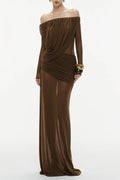 Cara Off-Shoulder Long Sleeve Pleated Mesh Maxi Dress in Brown Avalabel