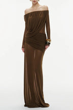 Cara Off-Shoulder Long Sleeve Pleated Mesh Maxi Dress in Brown Avalabel