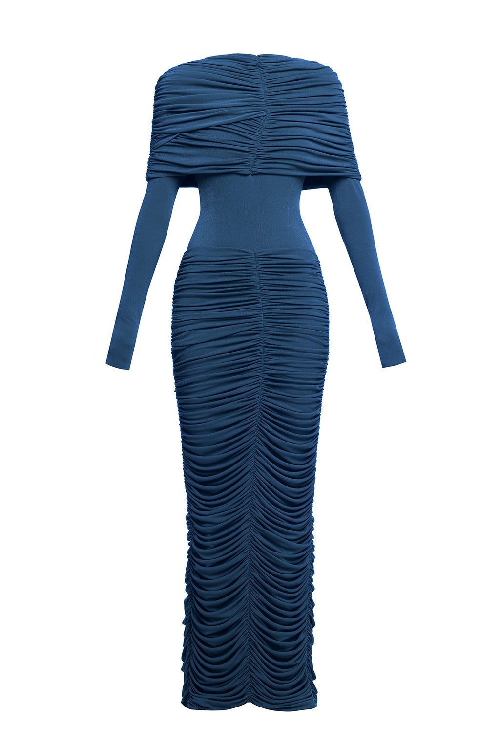 alice navy pleated Form-fitting maxi dress with asymmetrical draped shoulder Avalabel