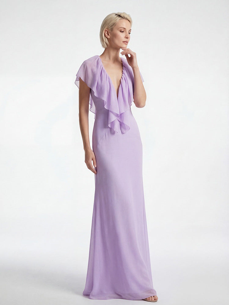 Simona Deep V-Neck Lace Backless Maxi Dress in Purple Avalabel