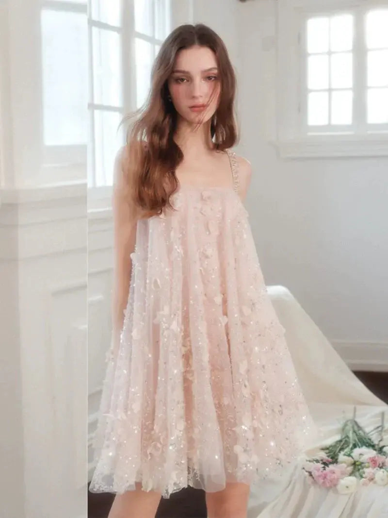 Zola Pink Flower Embroidered Loose doll Party Dress Avalabel