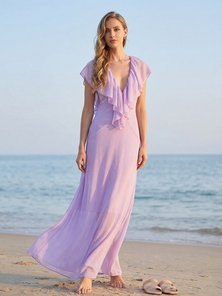 Simona Deep V-Neck Lace Backless Maxi Dress in Purple Avalabel