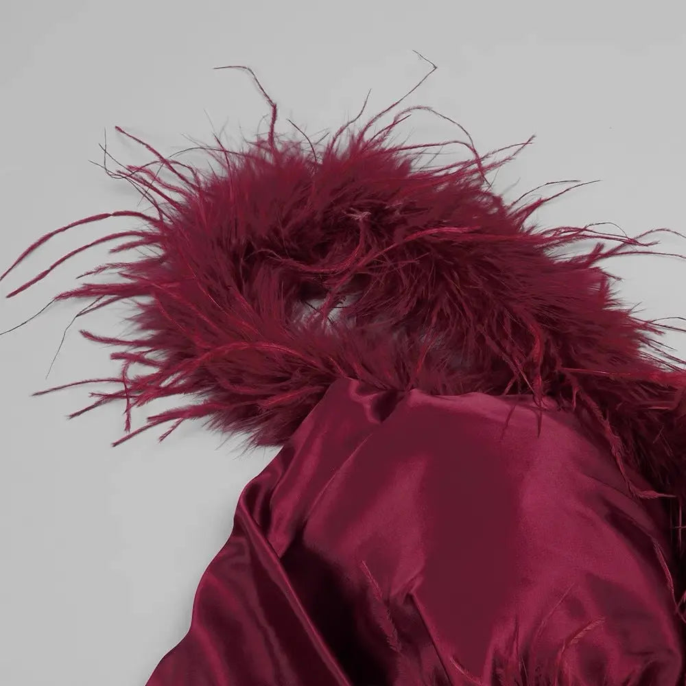 burgundy feather embellished strapless mini dress Avalabel