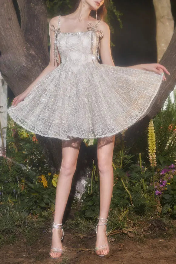 beige Square Collar Sleeveless lace cocktail Dress Avalabel