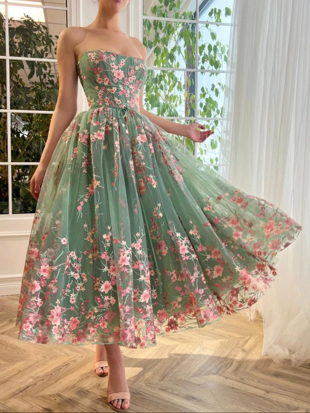 Strapless Floral Tulle Ballerina Midi Dress Avalabel