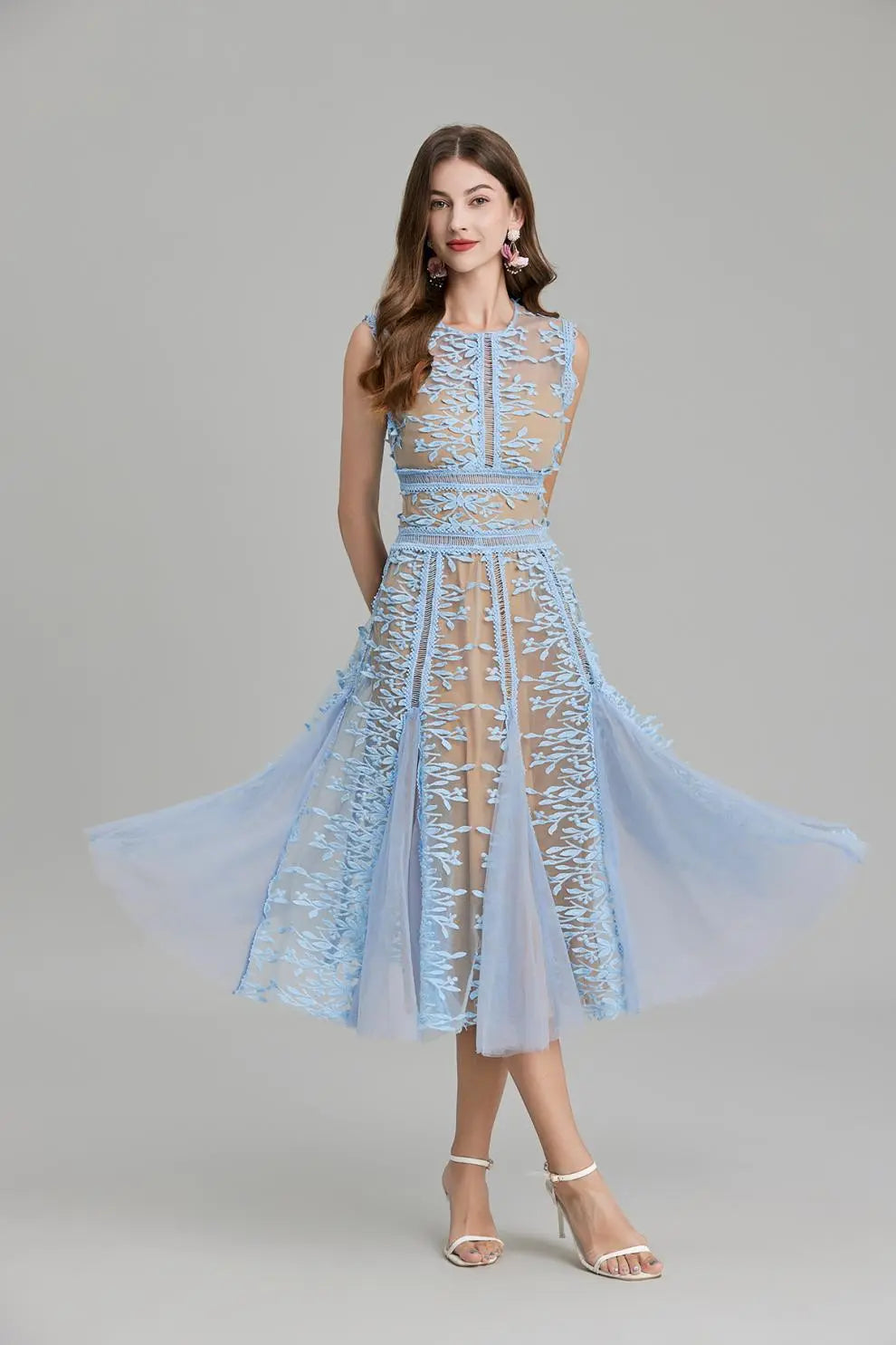 Phoenix 3D Embroidered Lace Mesh Midi Dress in Blue Avalabel