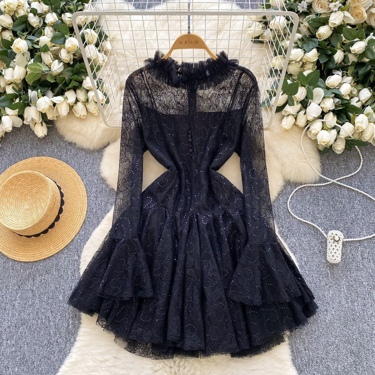 Green Embroidered Flared Mini Dress Avalabel