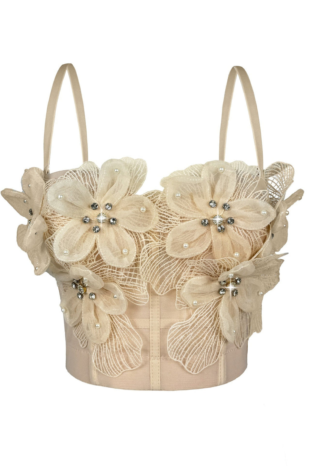 Spaghetti Strap Sheer Mesh 3D Tulle Flower Rhinestone Pearl Corset Bustier Top sis label