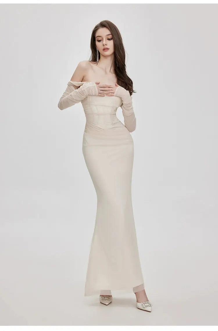 Ariel Apricot Mesh Off-Shoulder Mermaid Maxi Dress Avalabel