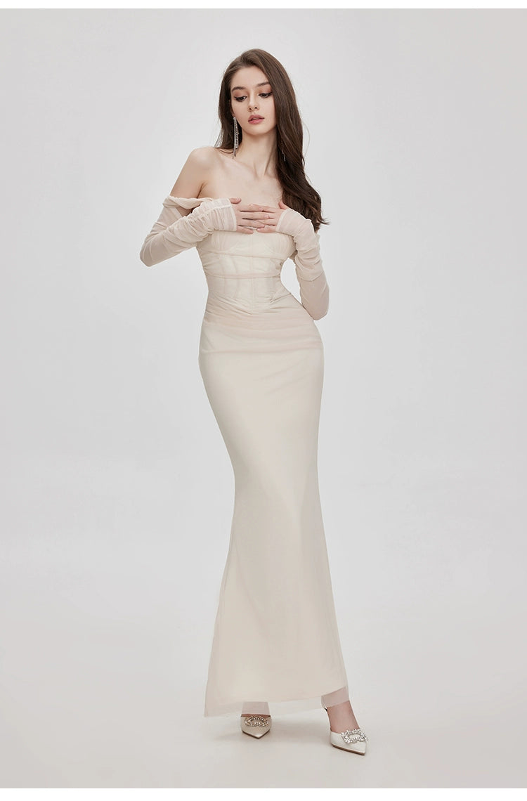 Ariel Apricot Mesh Off-Shoulder Mermaid Maxi Dress