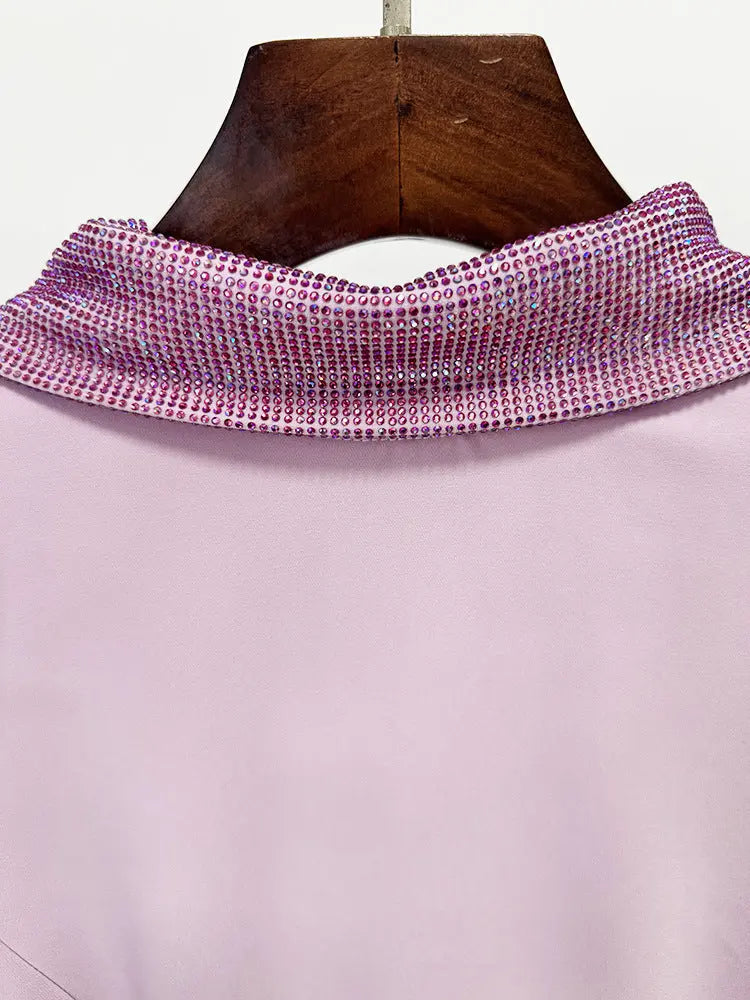 violet Pink crêpe maxi dress with crystal chainmail flower Avalabel