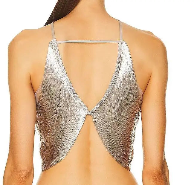off shoulder camisole vest irregular fringed halterneck top Avalabel