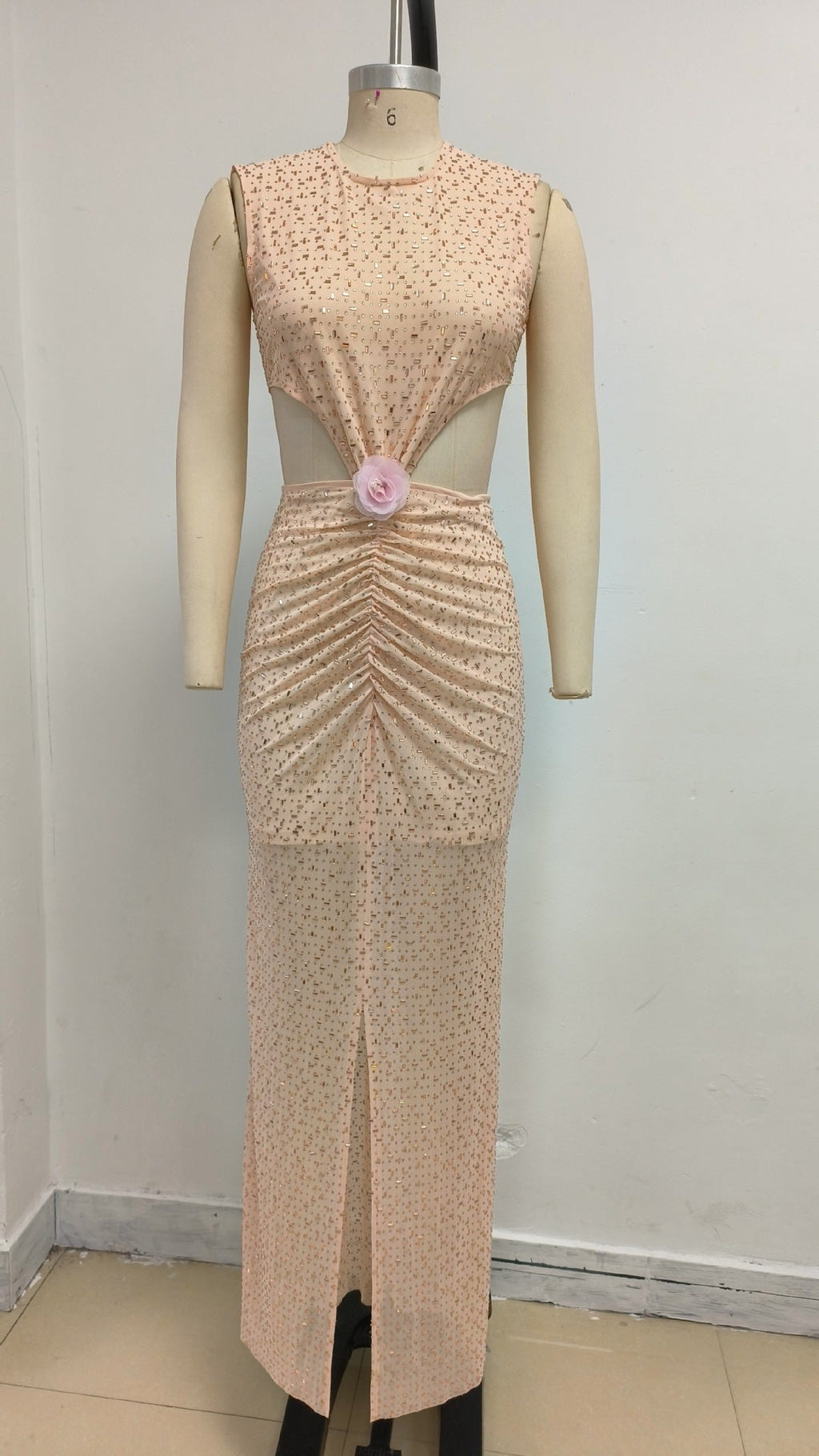 Vivien Flower Sequin Cutout Maxi Dress in Apricot Avalabel