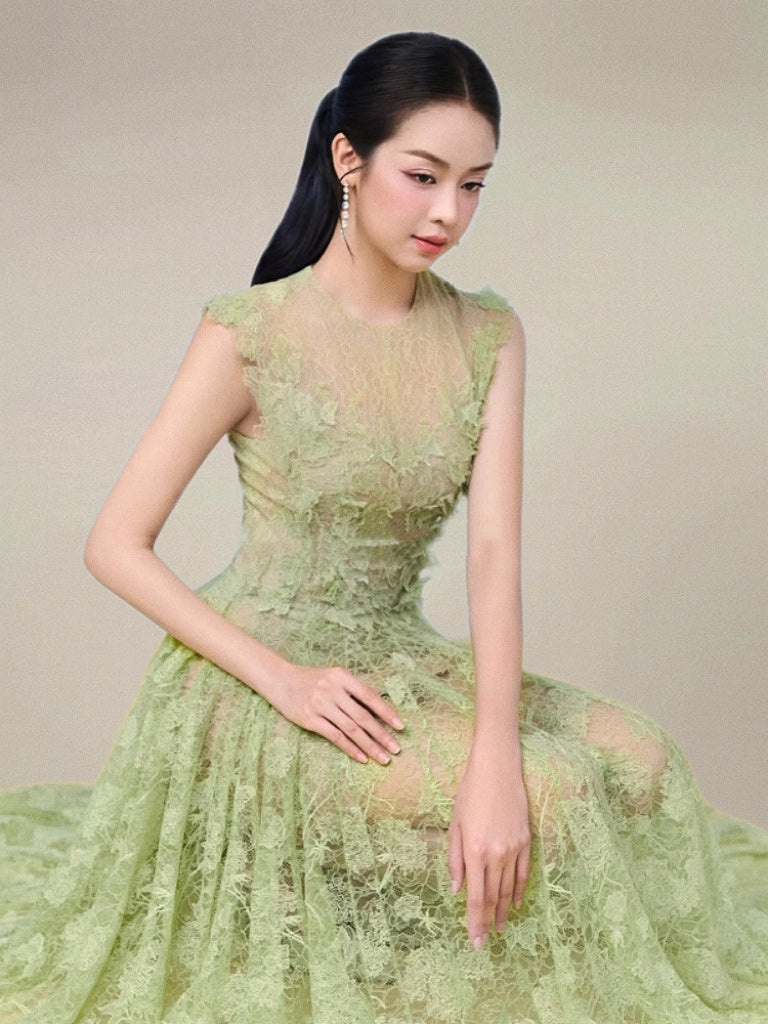 jennifer Lace Flower embellished maxi Dress in green Avalabel
