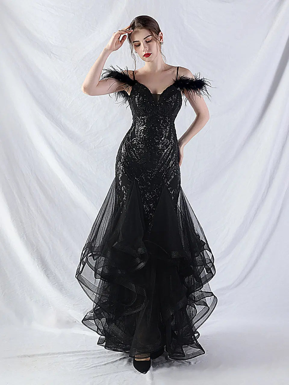 feather sequin strapless tulle maxi dress Avalabel